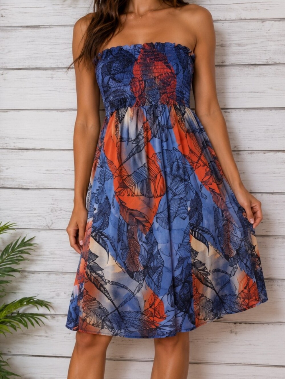 Multi-Colored Leaf Print Strapless Sun Dress